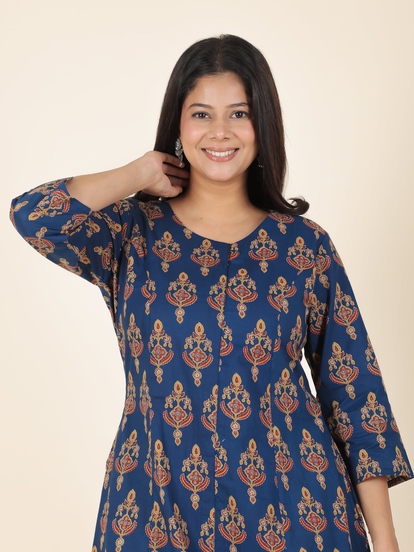 Soft Cotton Floral A-line Blue Kurta