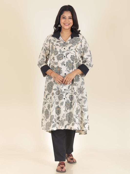 Linen Cotton Floral High Low Grey Kurta