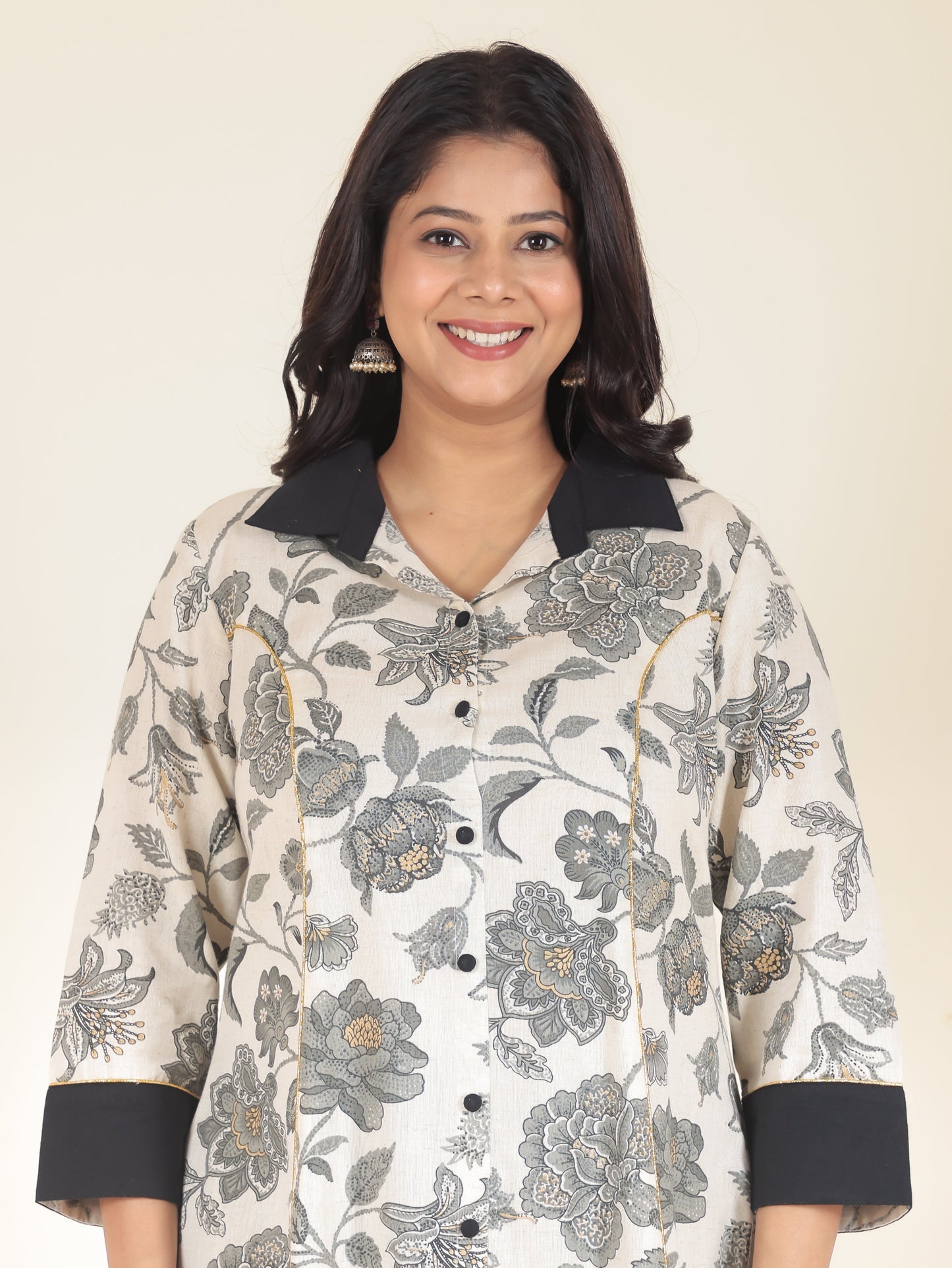 Linen Cotton Floral High Low Grey Kurta