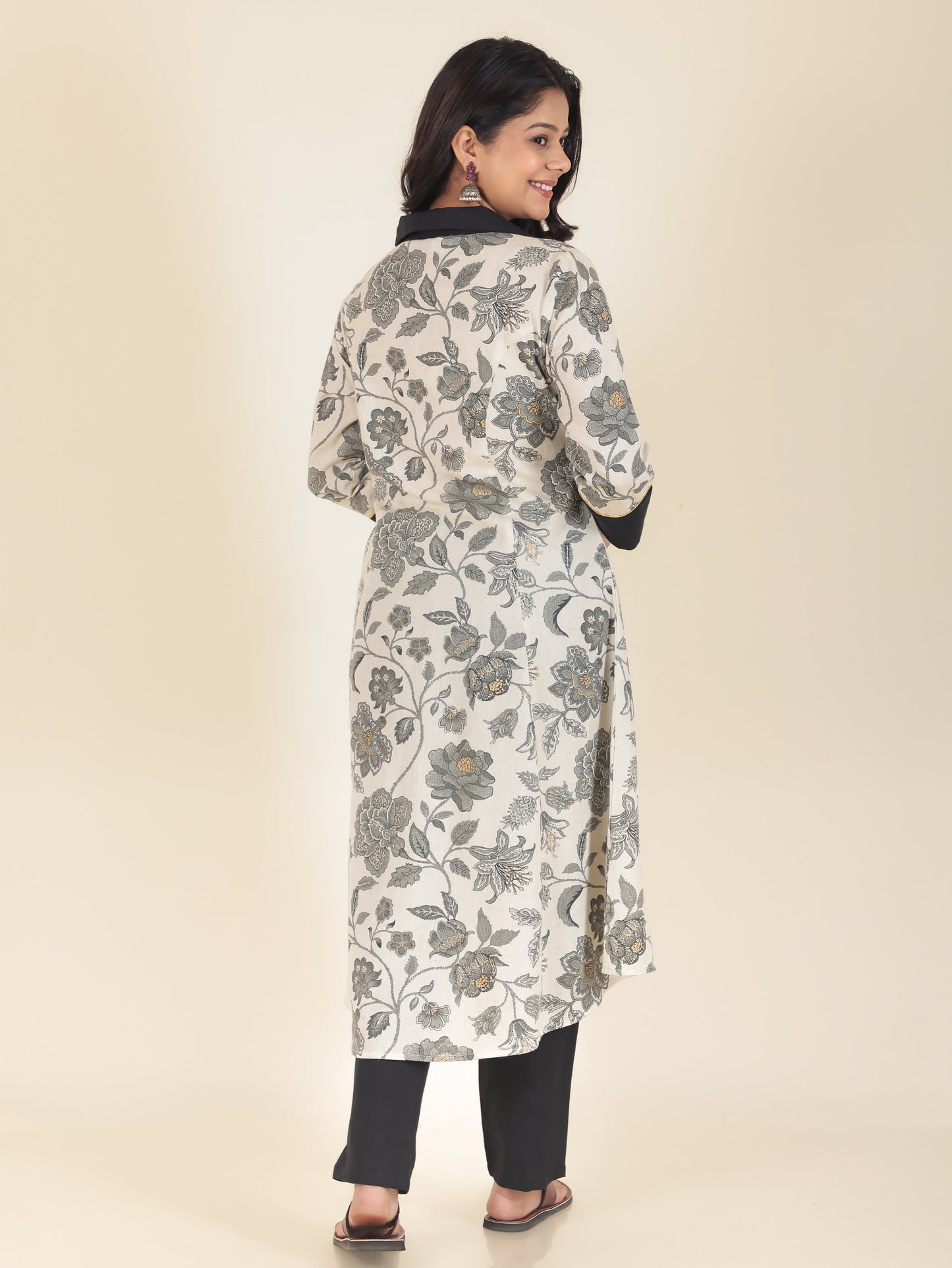 Linen Cotton Floral High Low Grey Kurta