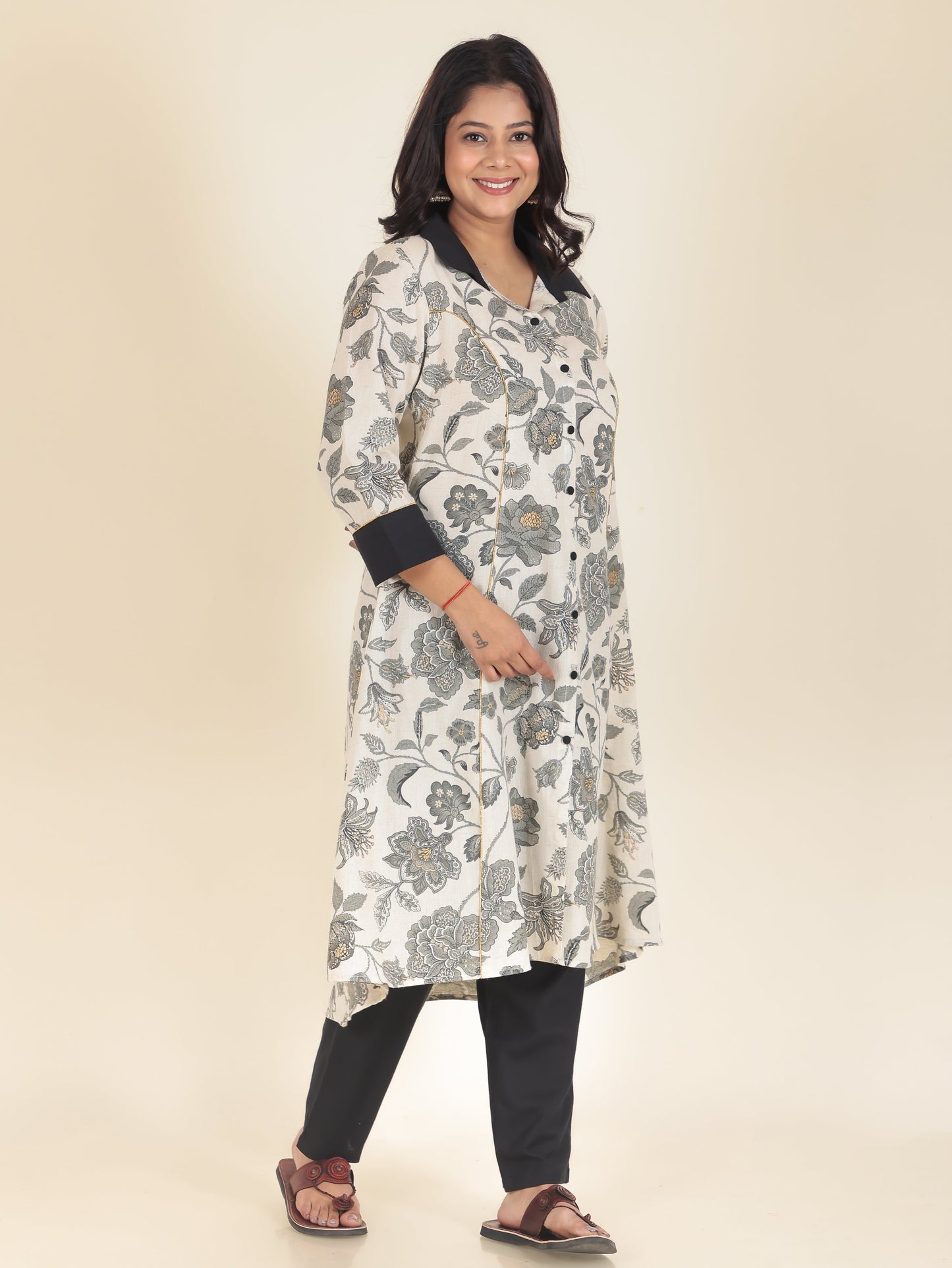 Linen Cotton Floral High Low Grey Kurta