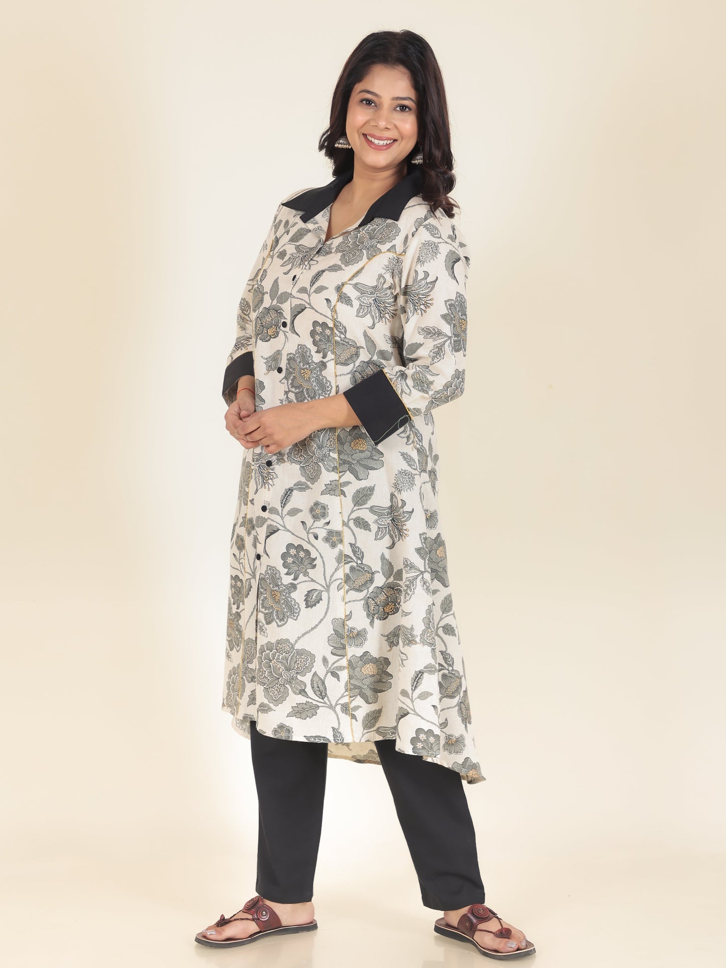 Linen Cotton Floral High Low Grey Kurta