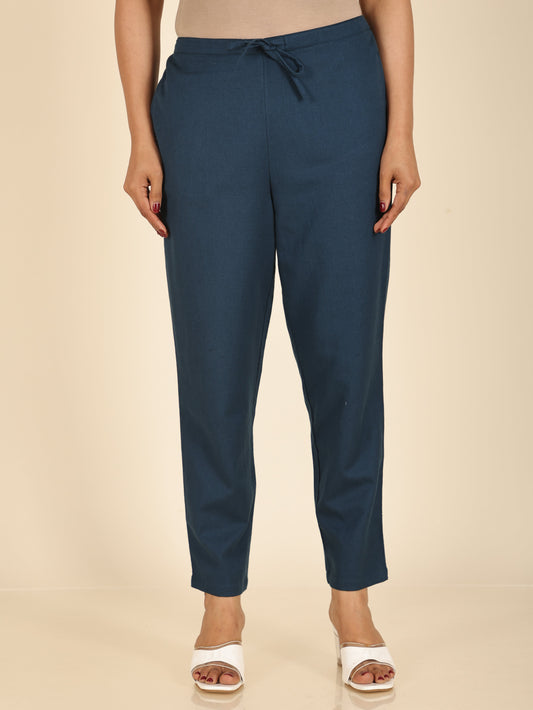 Linen Cotton Solid Blue Tapered Trousers