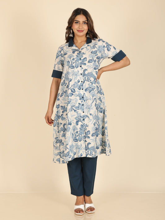 Linen Cotton Floral A-line Blue Kurta