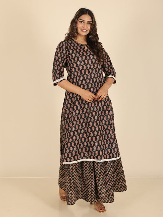 Lurex Cotton Paisley Straight Black Kurta