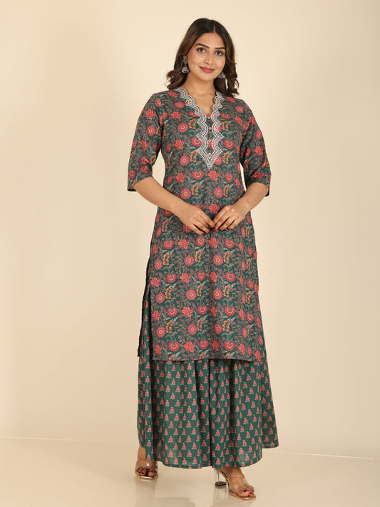Soft Cotton Floral Straight Green Kurta