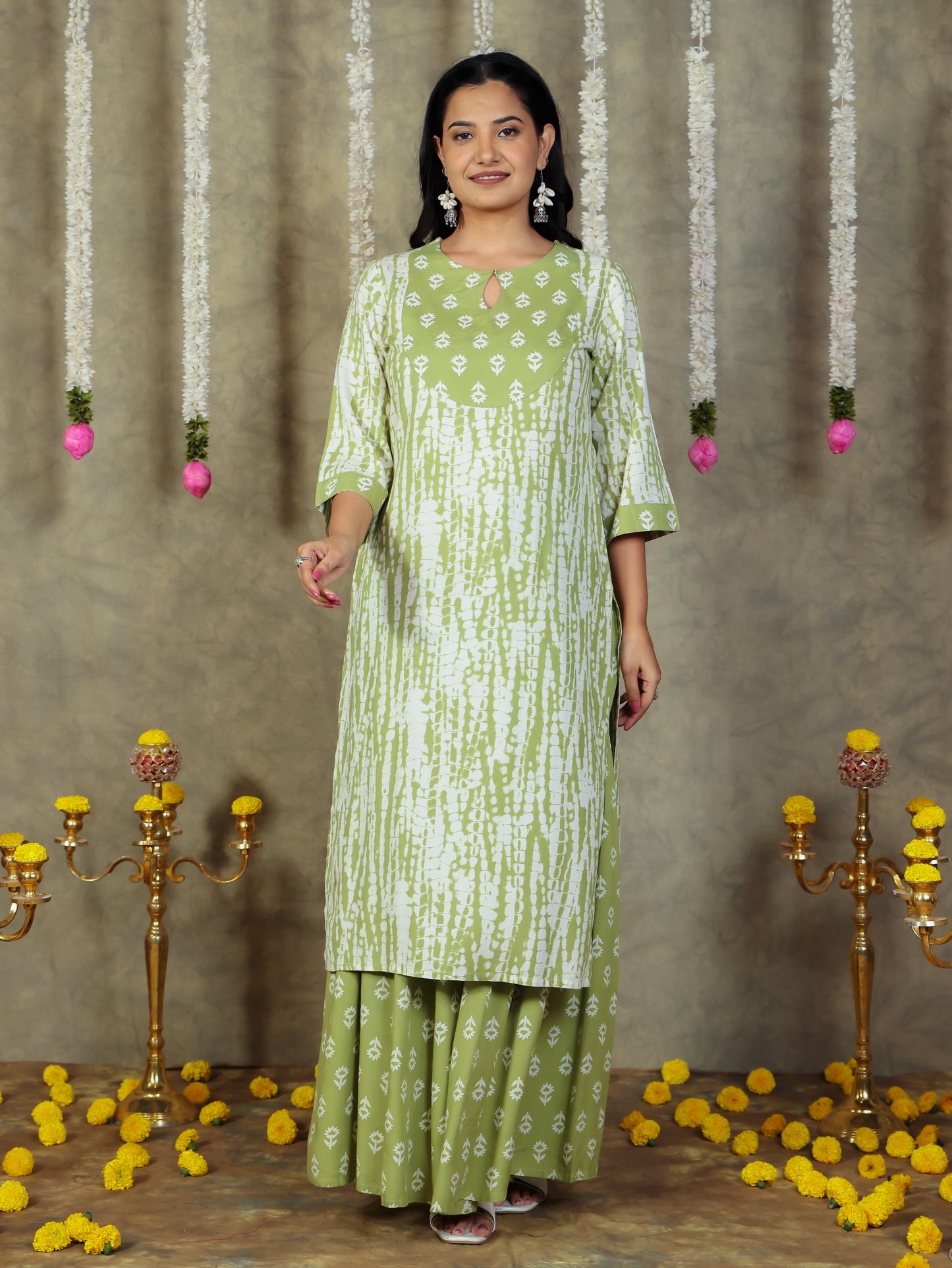 Viscose Tie-Dye Straight Green Kurta