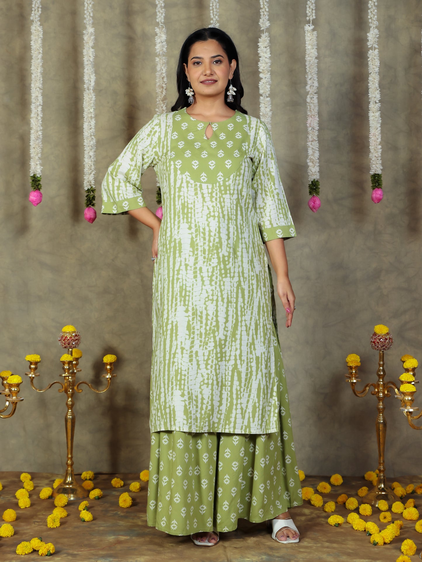 Viscose Tie-Dye Straight Green Kurta