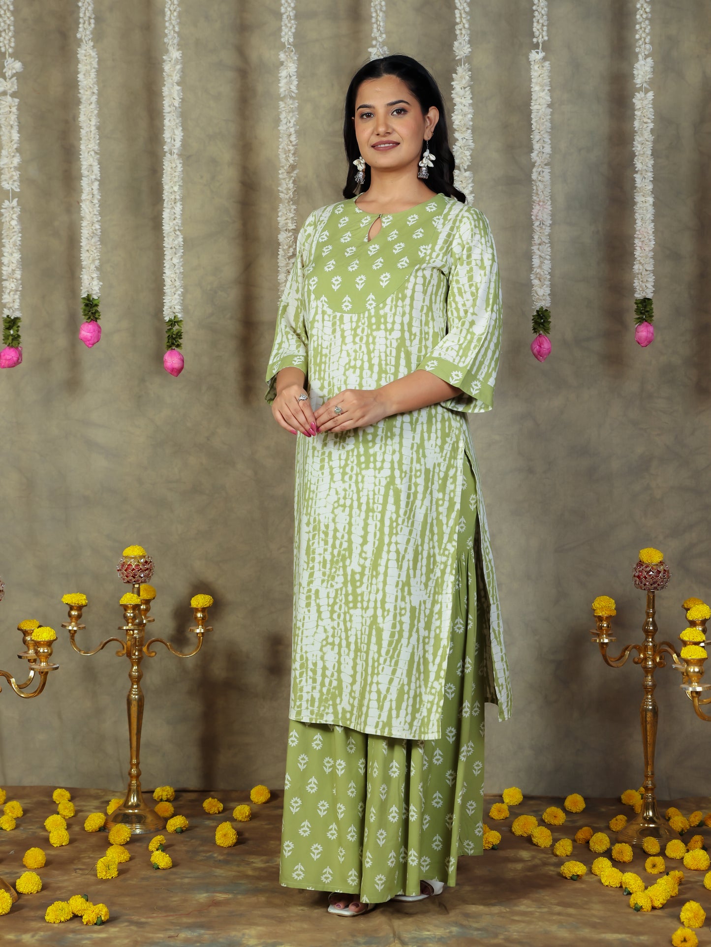 Viscose Tie-Dye Straight Green Kurta