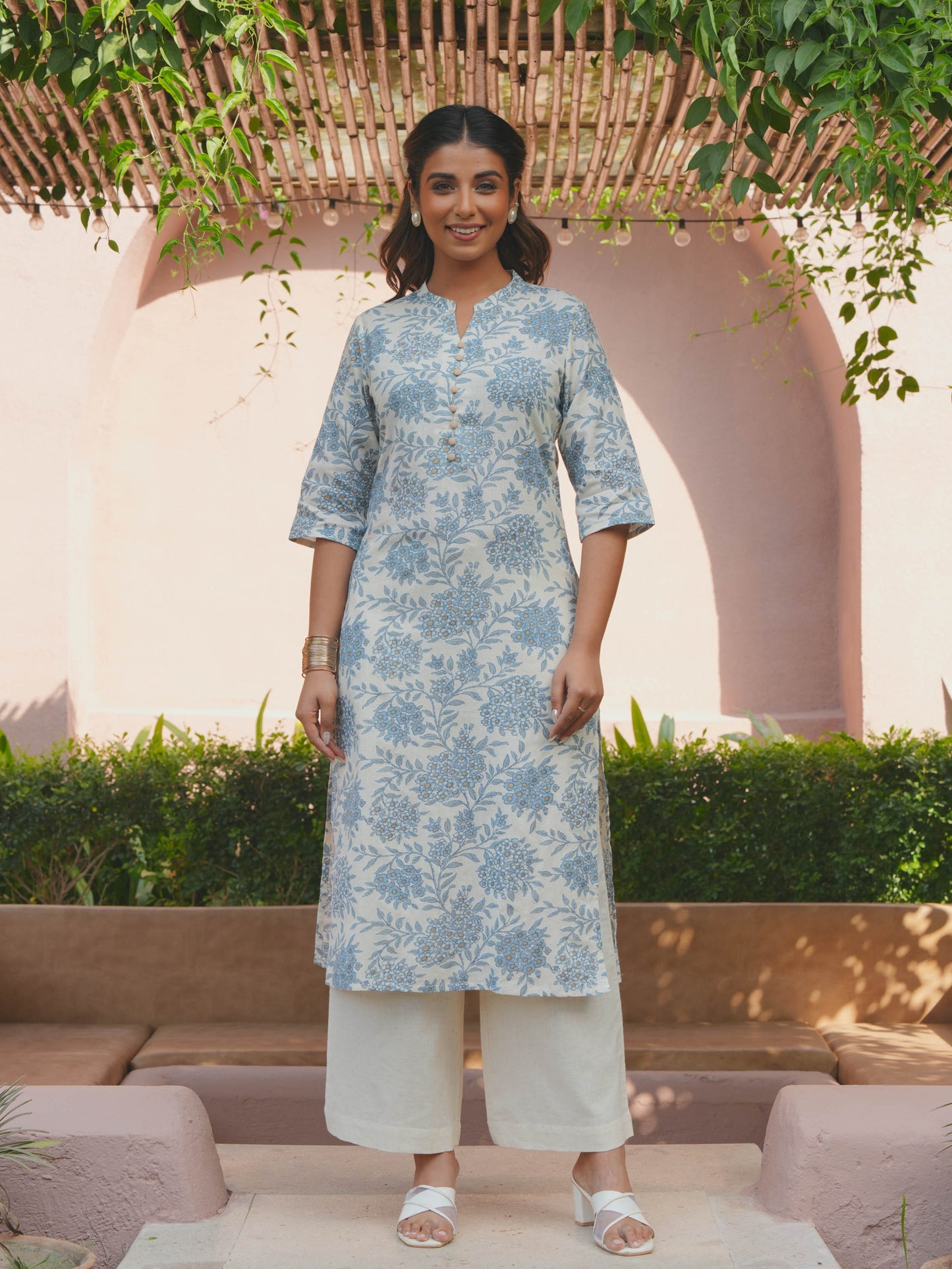 Linen Cotton Floral Straight Blue Kurta