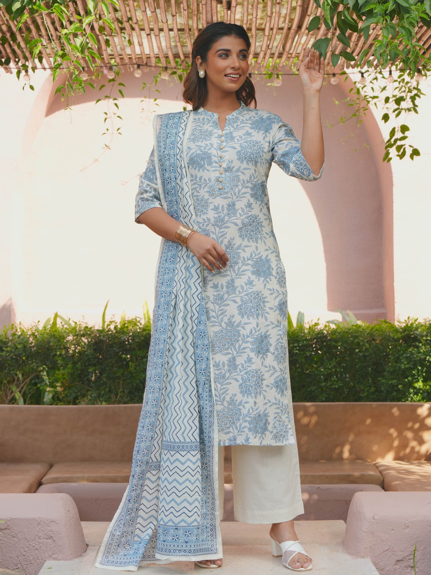 Linen Cotton Floral Straight Blue Kurta