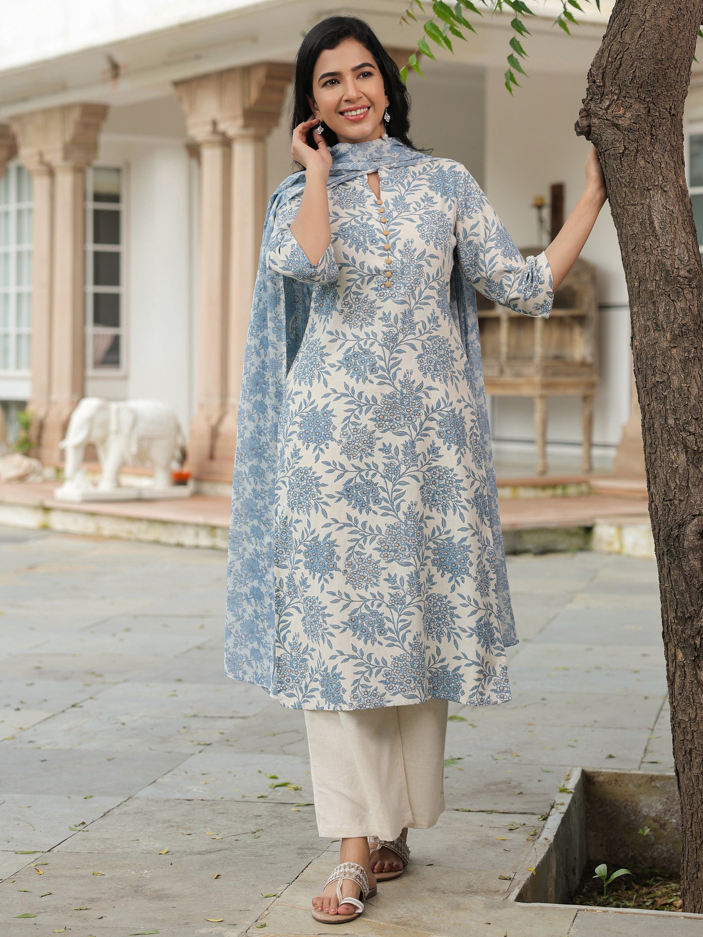 Linen Cotton Floral Kurta