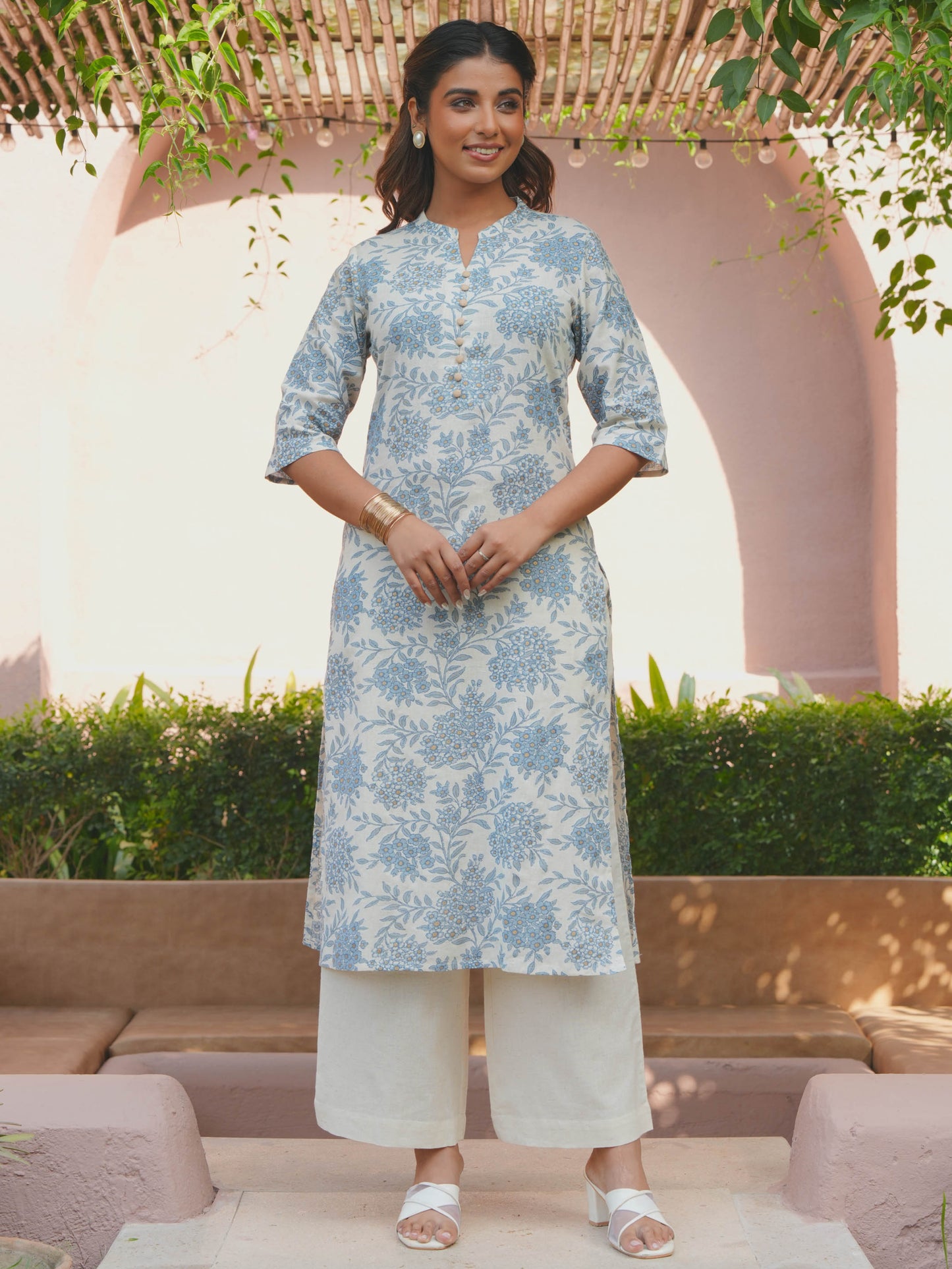 Linen Cotton Floral Straight Blue Kurta