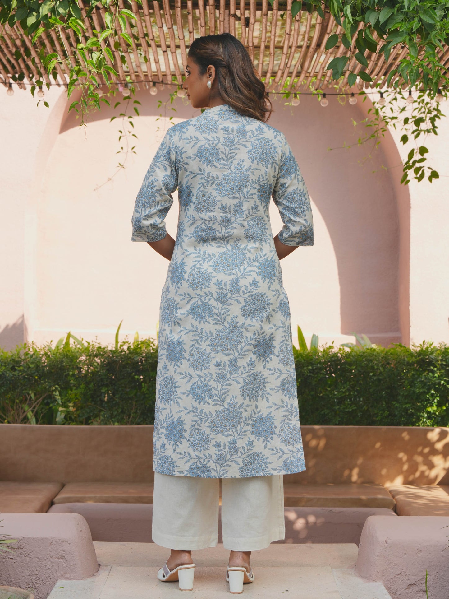 Linen Cotton Floral Straight Blue Kurta