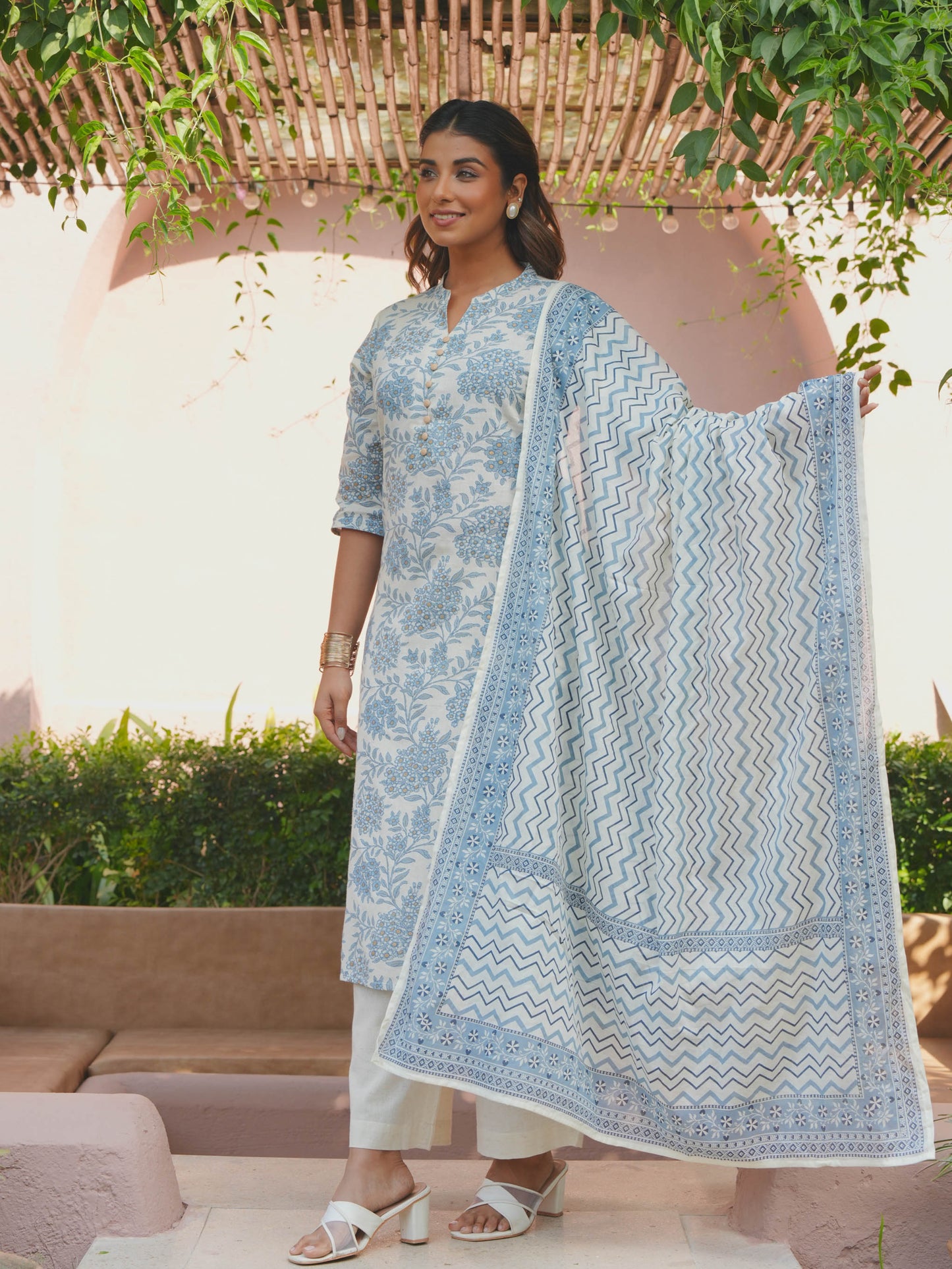 Linen Cotton Floral Straight Blue Kurta