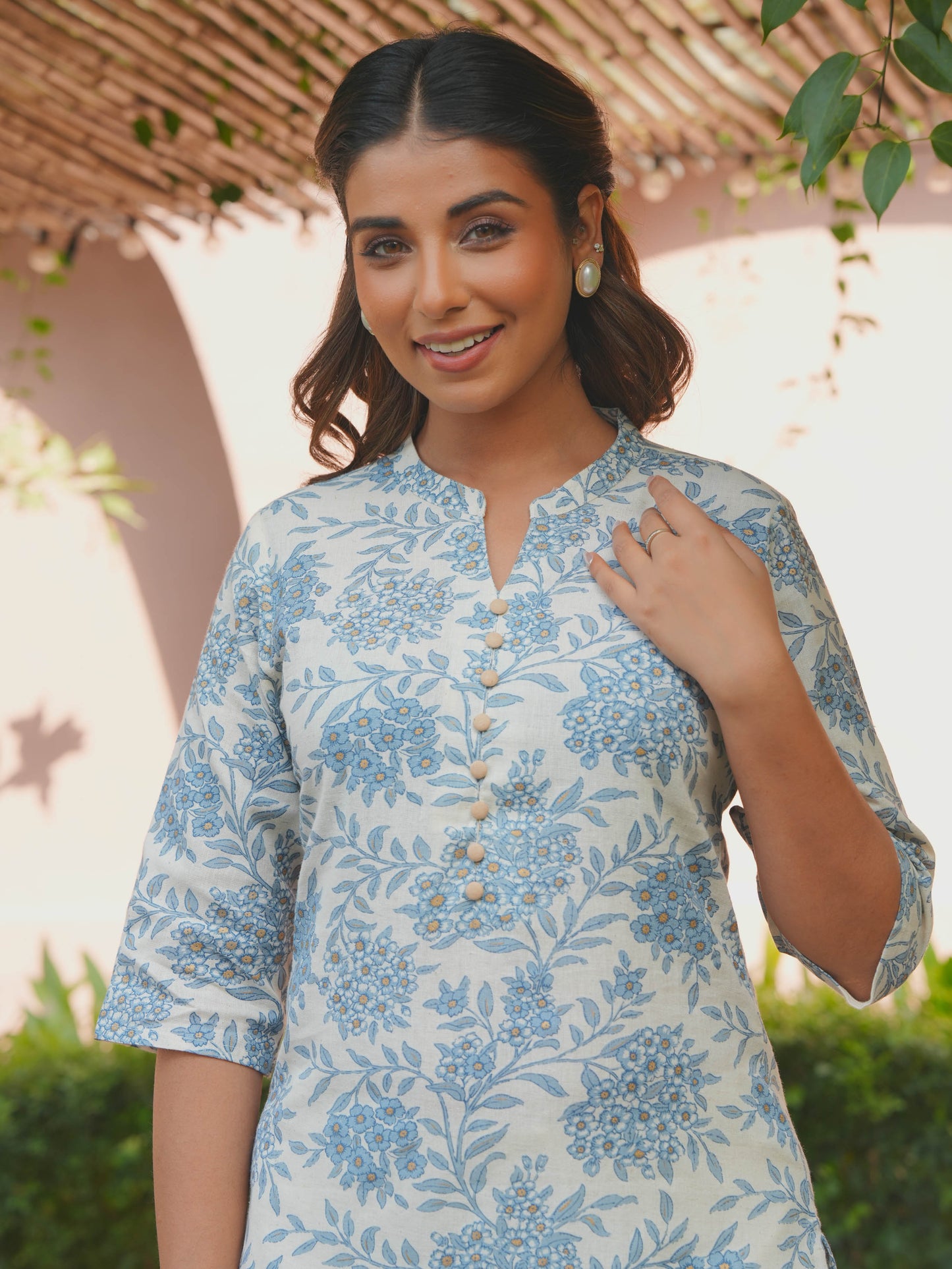 Linen Cotton Floral Straight Blue Kurta