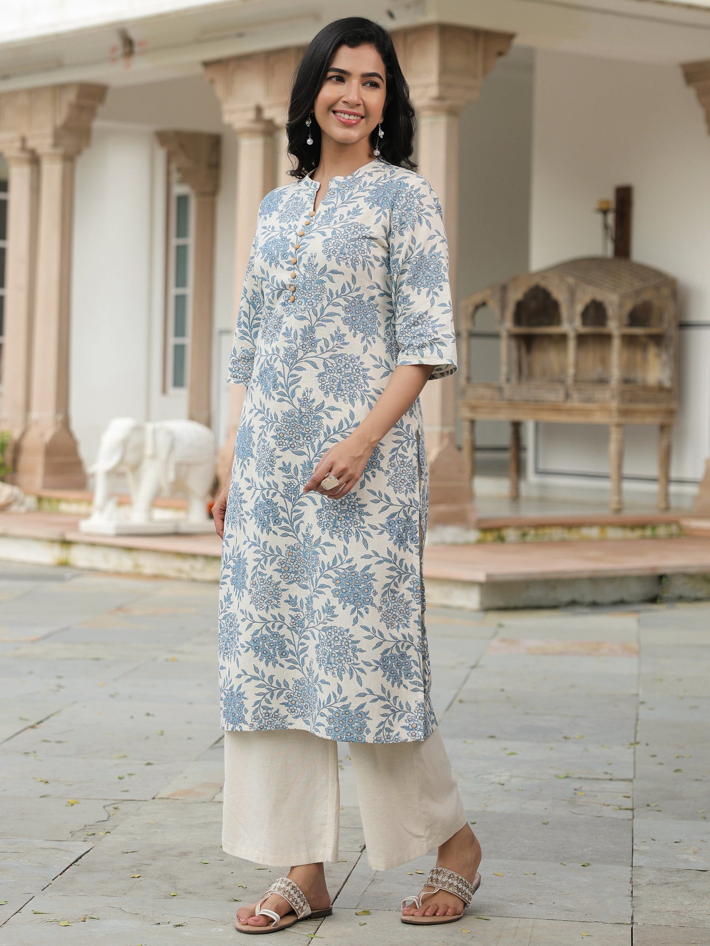 Linen Cotton Floral Kurta