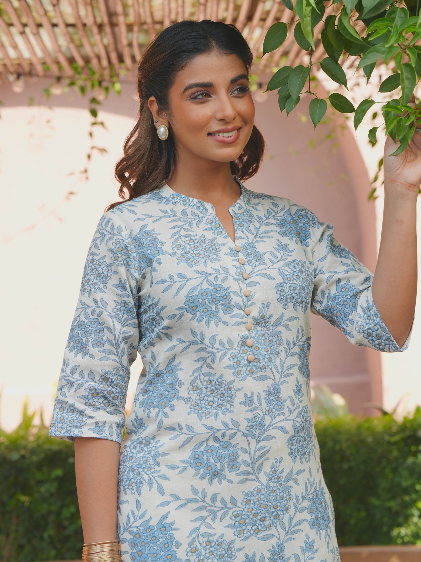 Linen Cotton Floral Straight Blue Kurta
