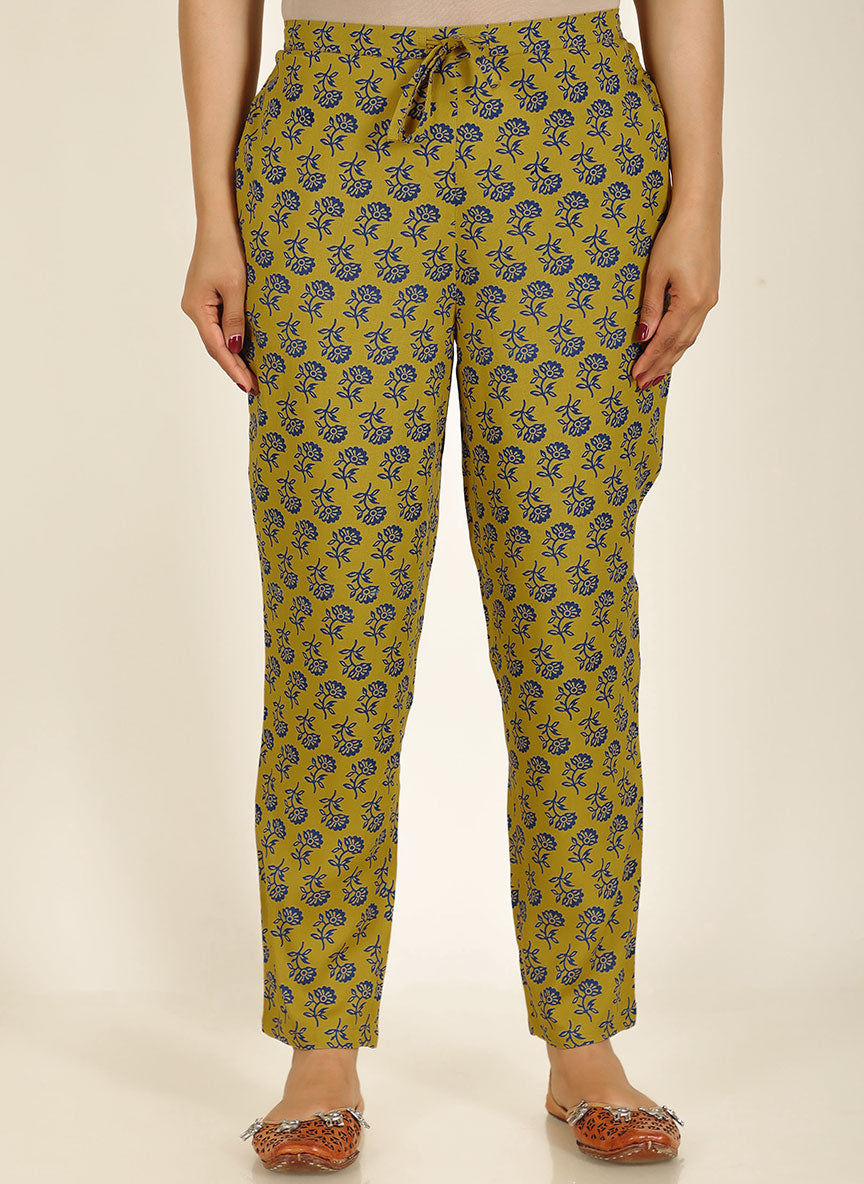 Viscose Floral Yellow Tapered Trousers