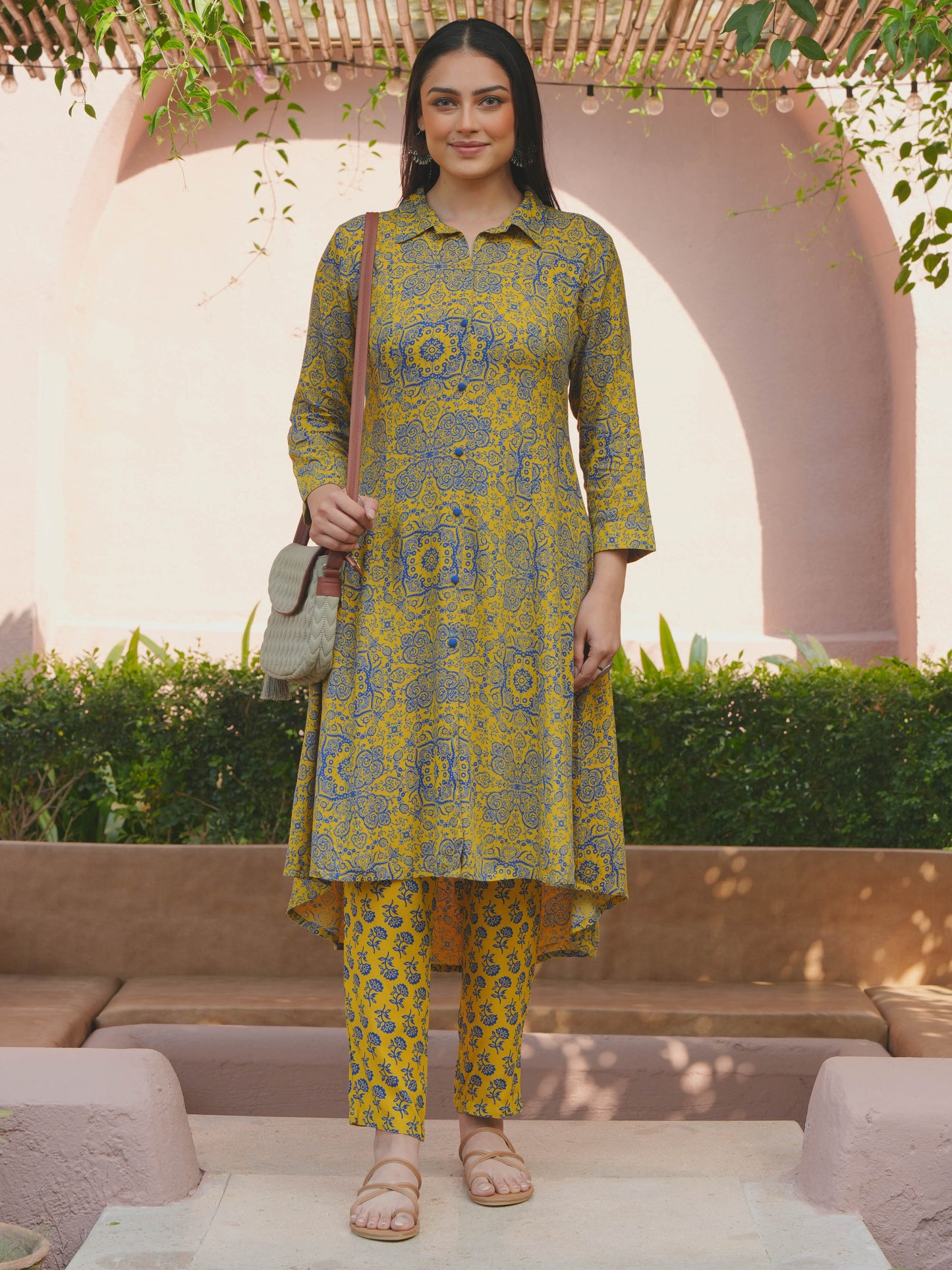Viscose Geometric High Low Yellow Kurta