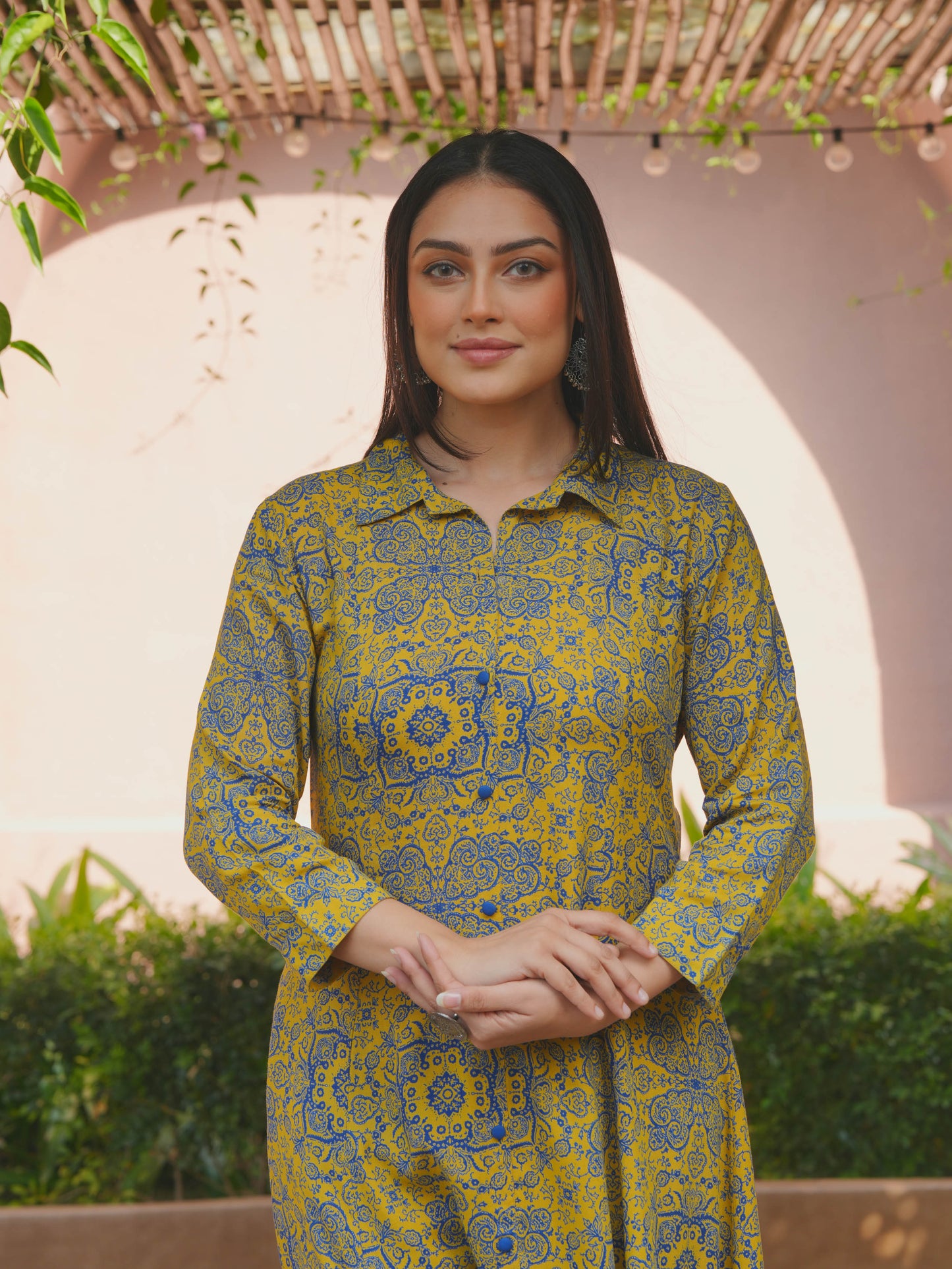 Viscose Geometric High Low Yellow Kurta