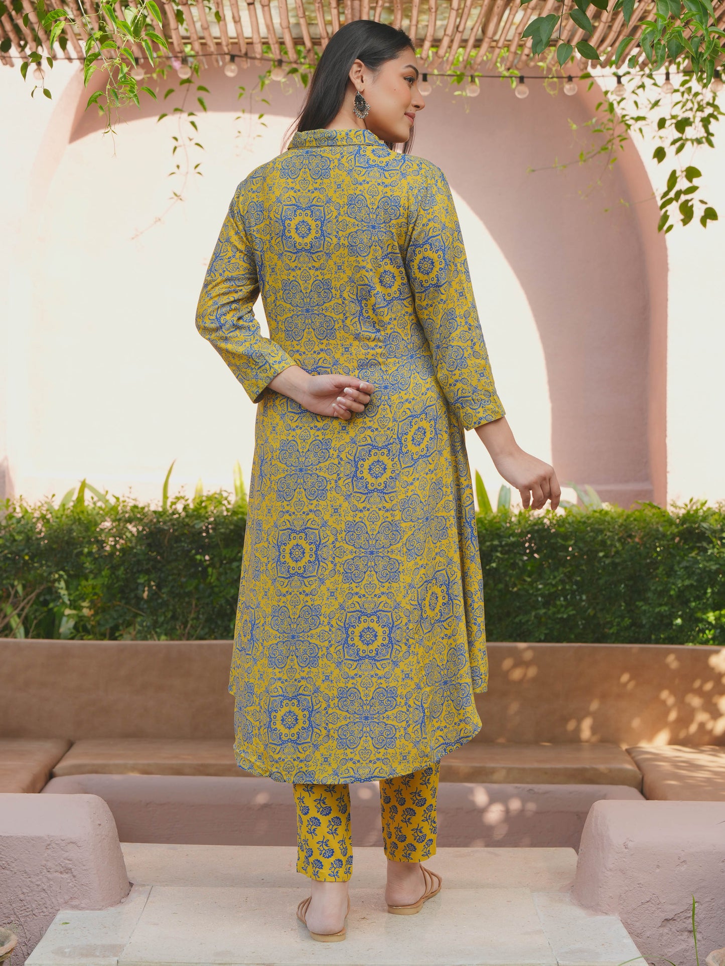 Viscose Geometric High Low Yellow Kurta