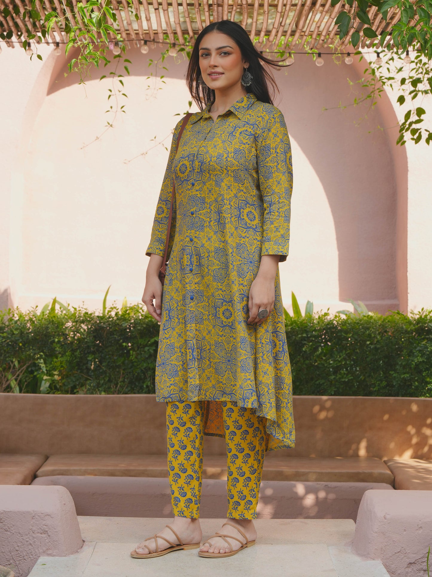 Viscose Geometric High Low Yellow Kurta