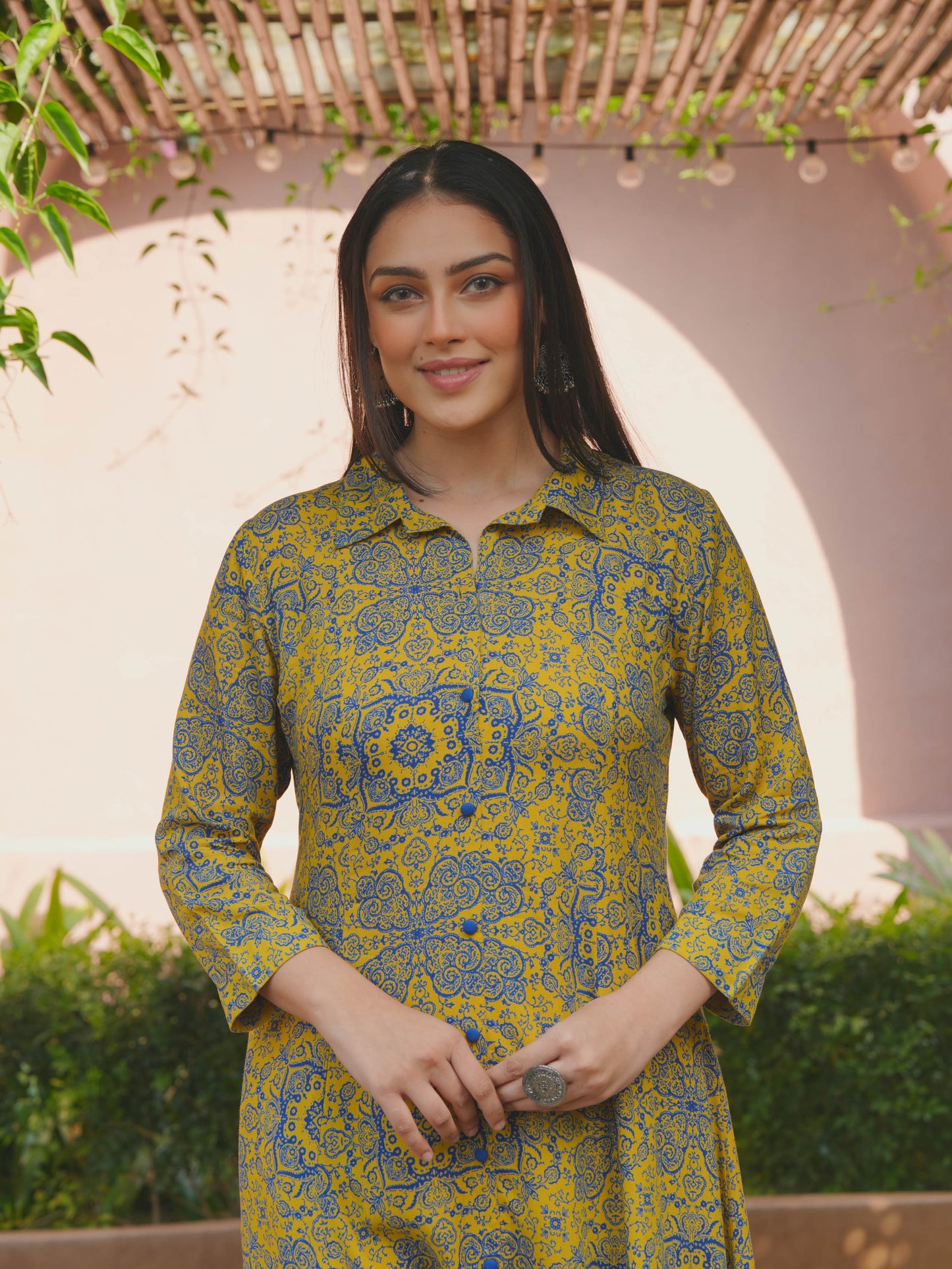 Viscose Geometric High Low Yellow Kurta