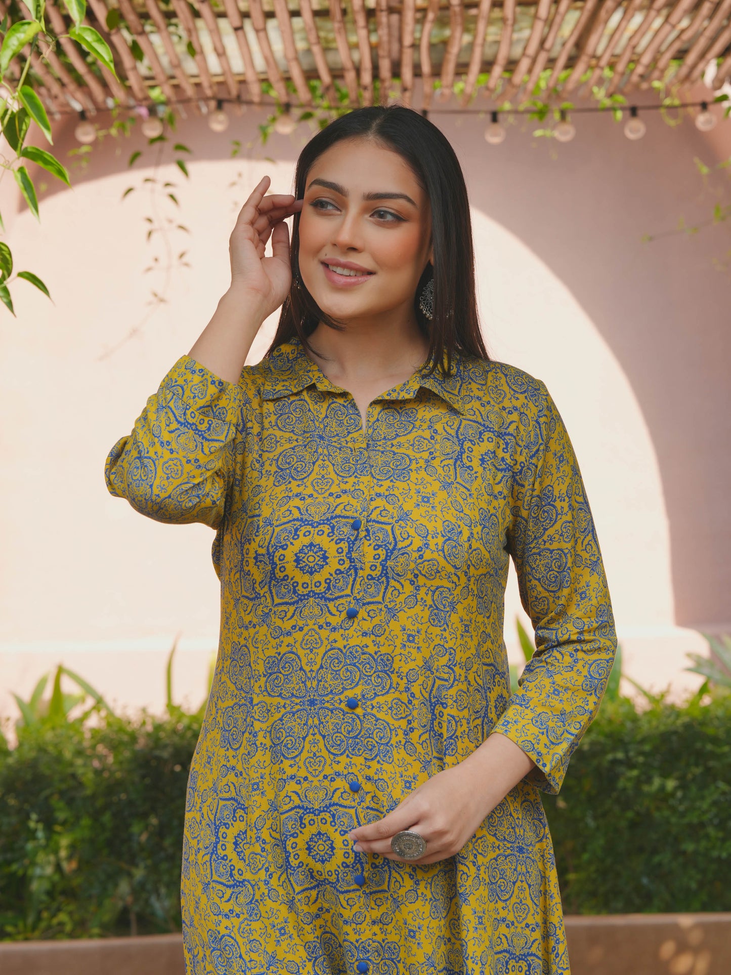 Viscose Geometric High Low Yellow Kurta