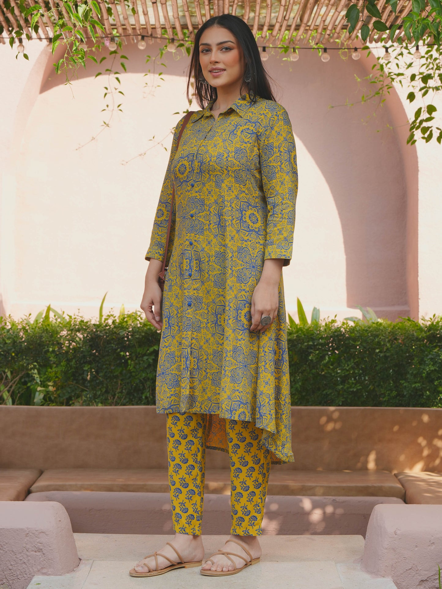 Viscose Geometric High Low Yellow Kurta