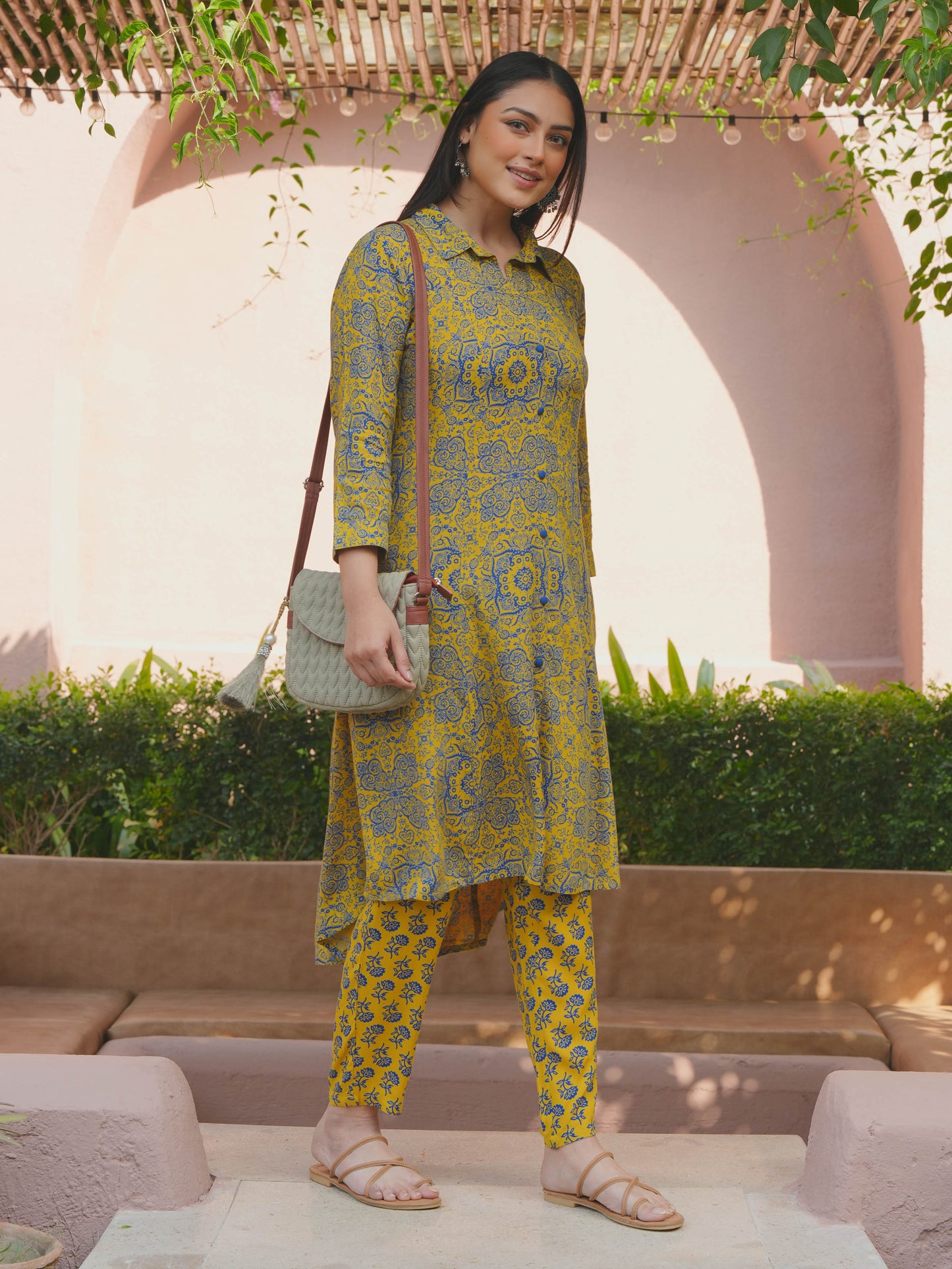 Viscose Geometric High Low Yellow Kurta