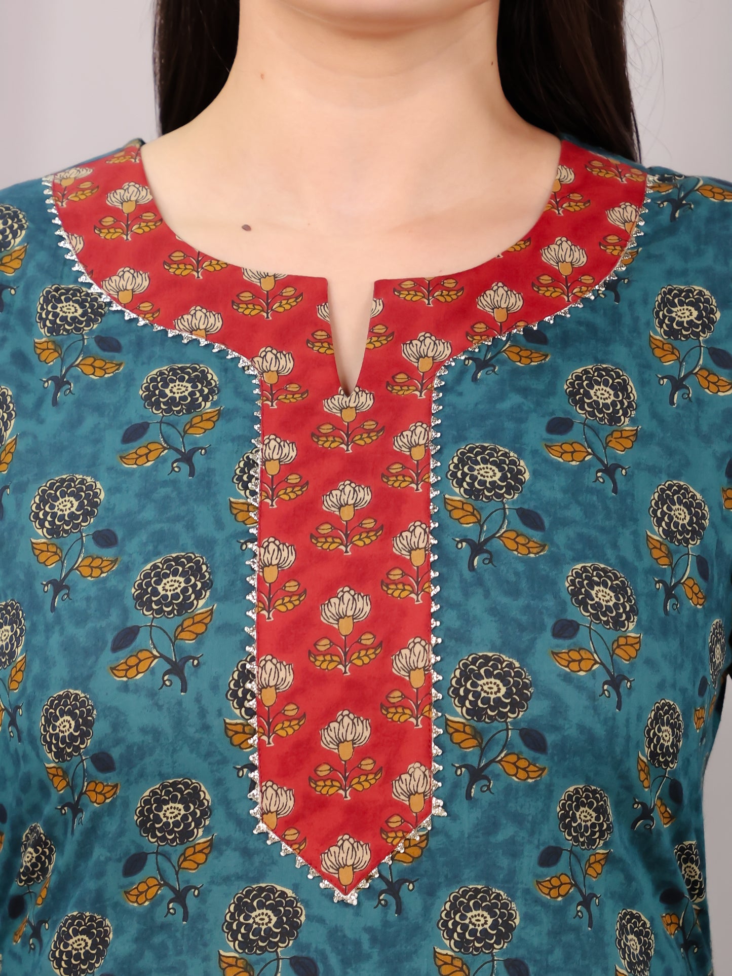 Embroidered Soft Cotton Floral Straight Turquoise Kurta