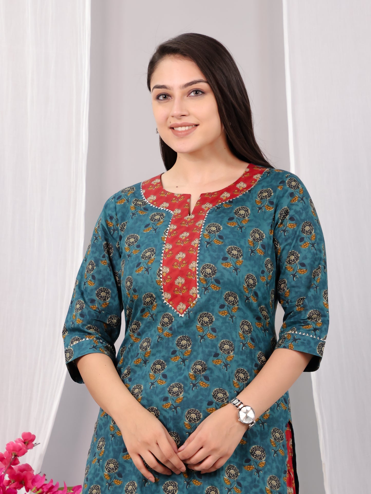 Embroidered Soft Cotton Floral Straight Turquoise Kurta