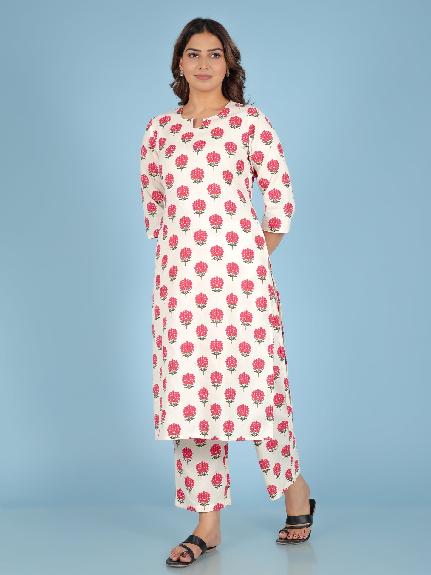 Linen Cotton Floral Straight Off-White Kurta