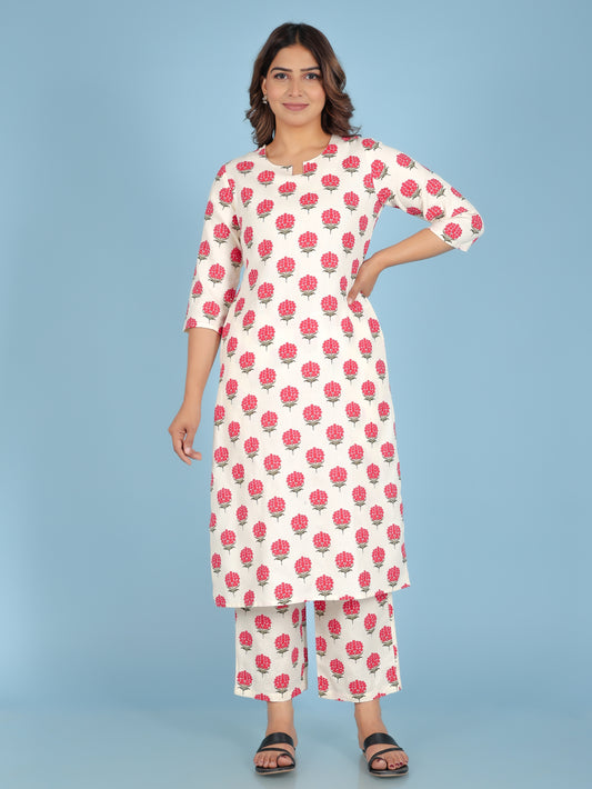 Linen Cotton Floral Straight Off-White Kurta