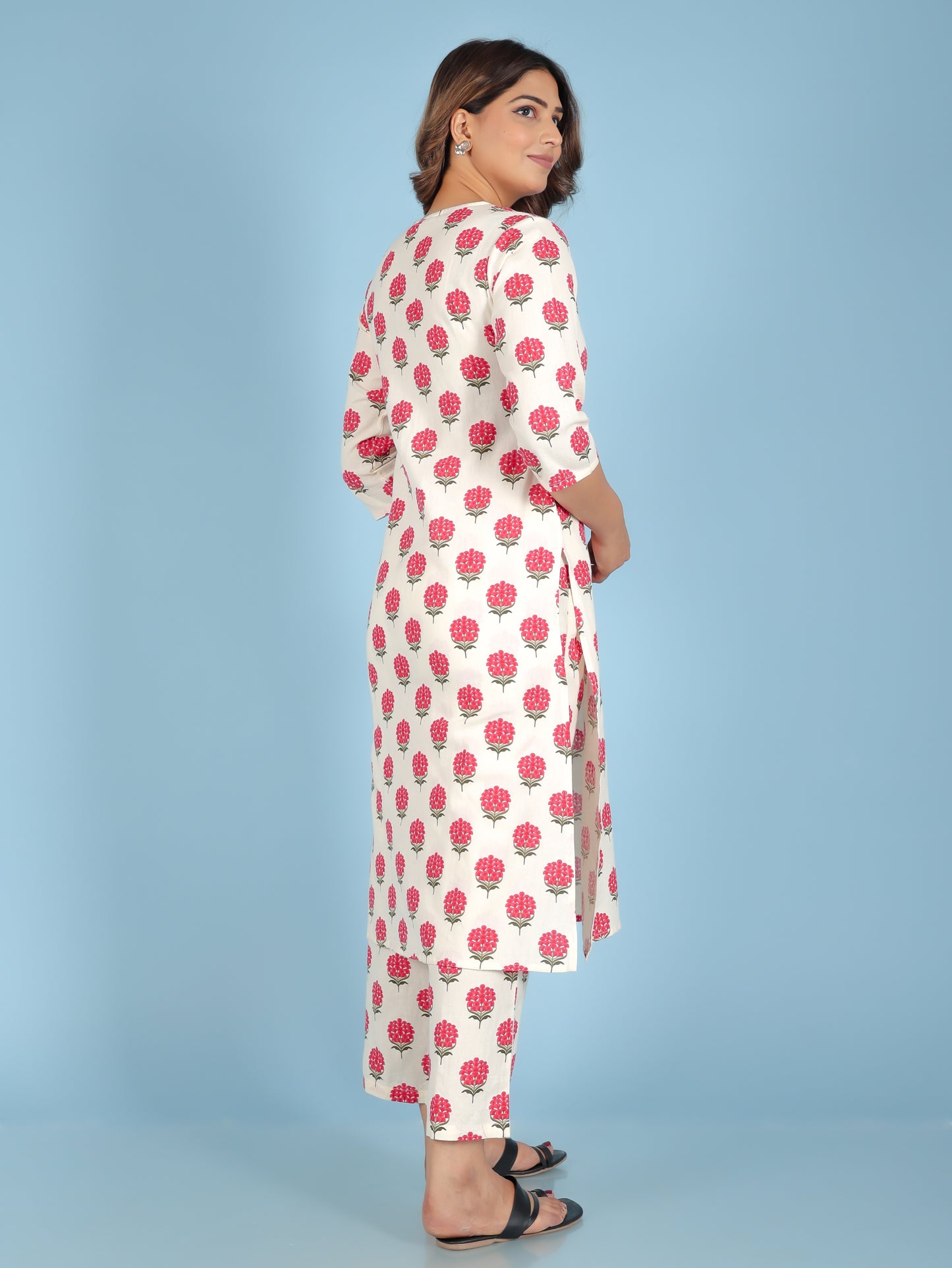 Linen Cotton Floral Straight Off-White Kurta