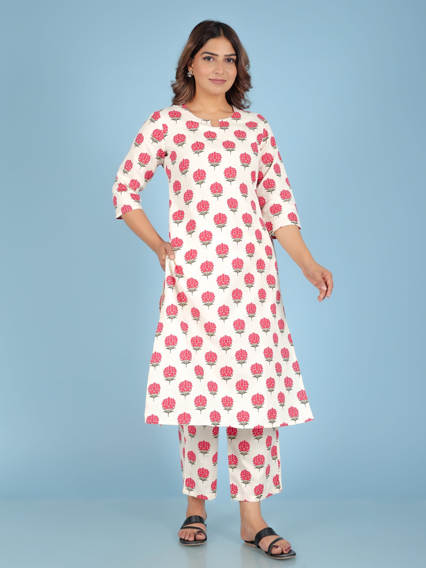 Linen Cotton Floral Straight Off-White Kurta