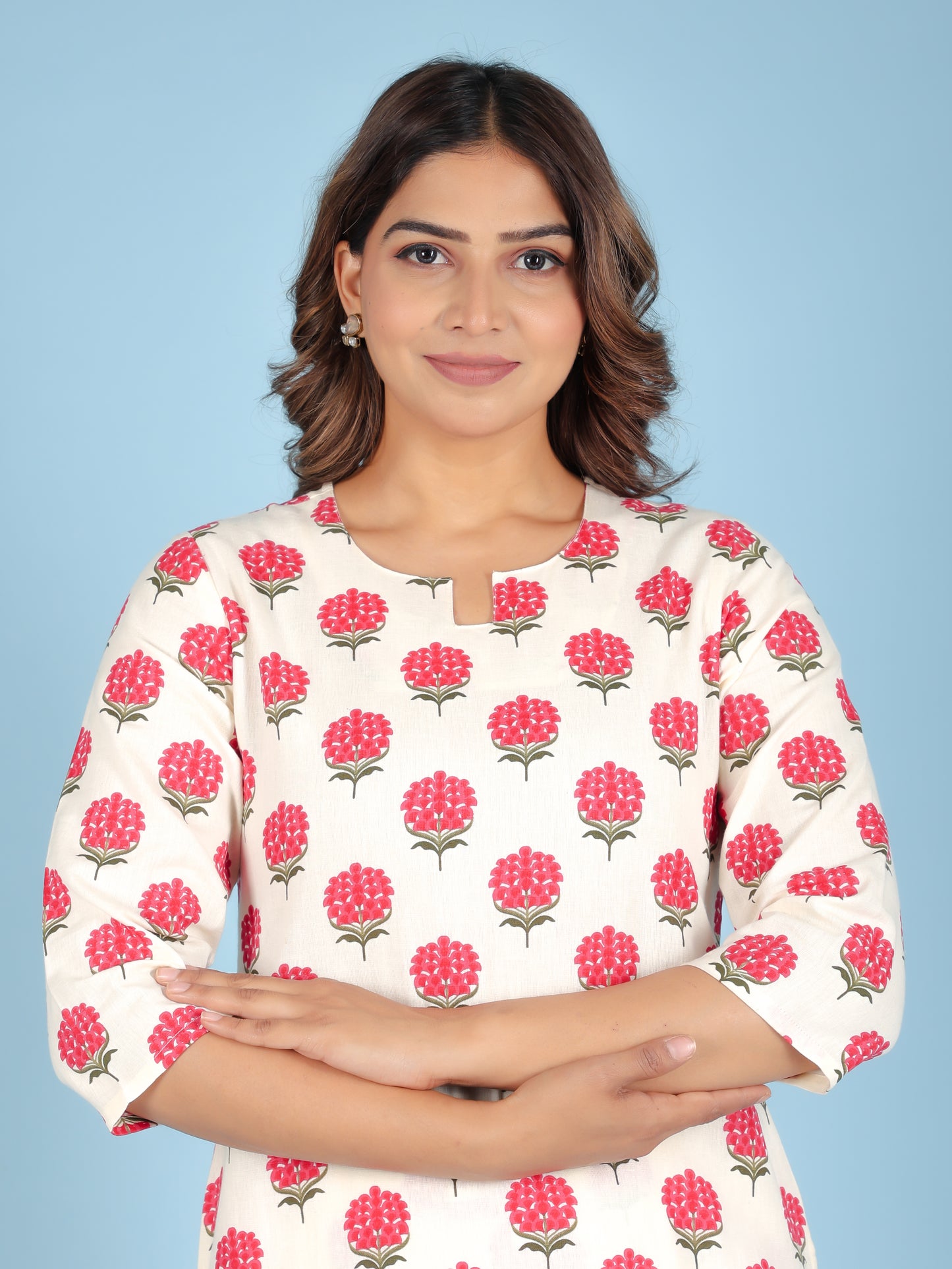 Linen Cotton Floral Straight Off-White Kurta
