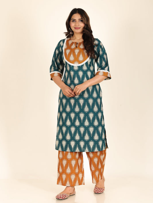 Soft Cotton Floral Straight Turquoise Kurta