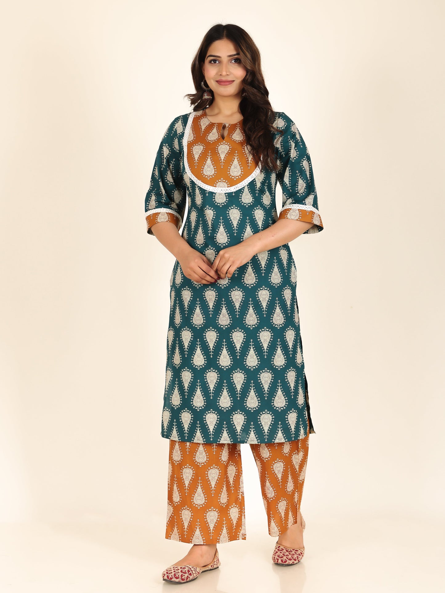Soft Cotton Floral Straight Turquoise Kurta