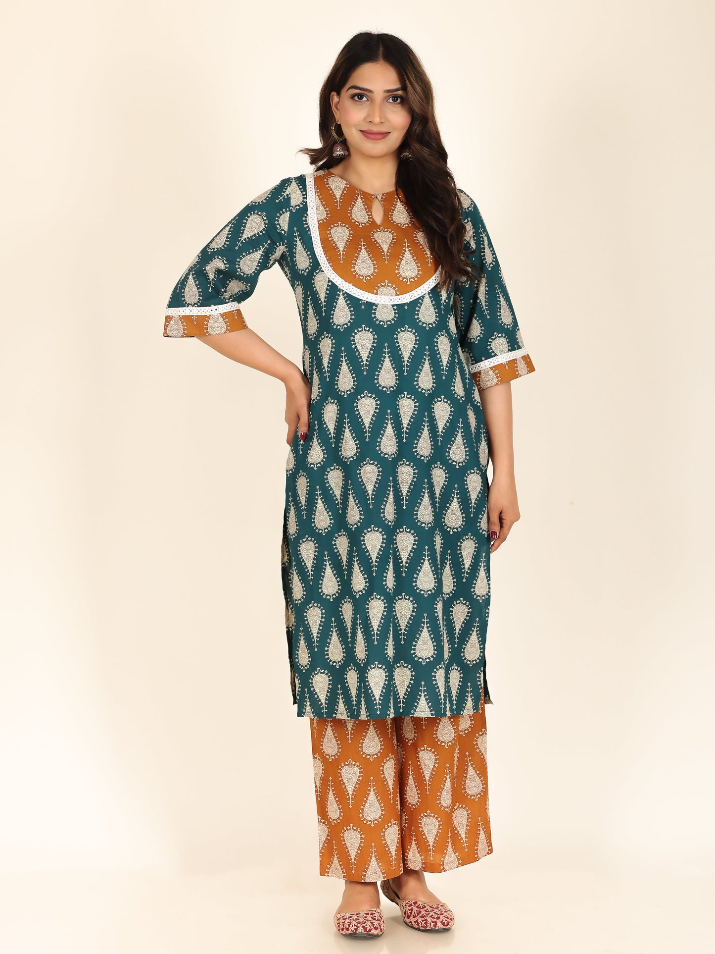Soft Cotton Floral Straight Turquoise Kurta