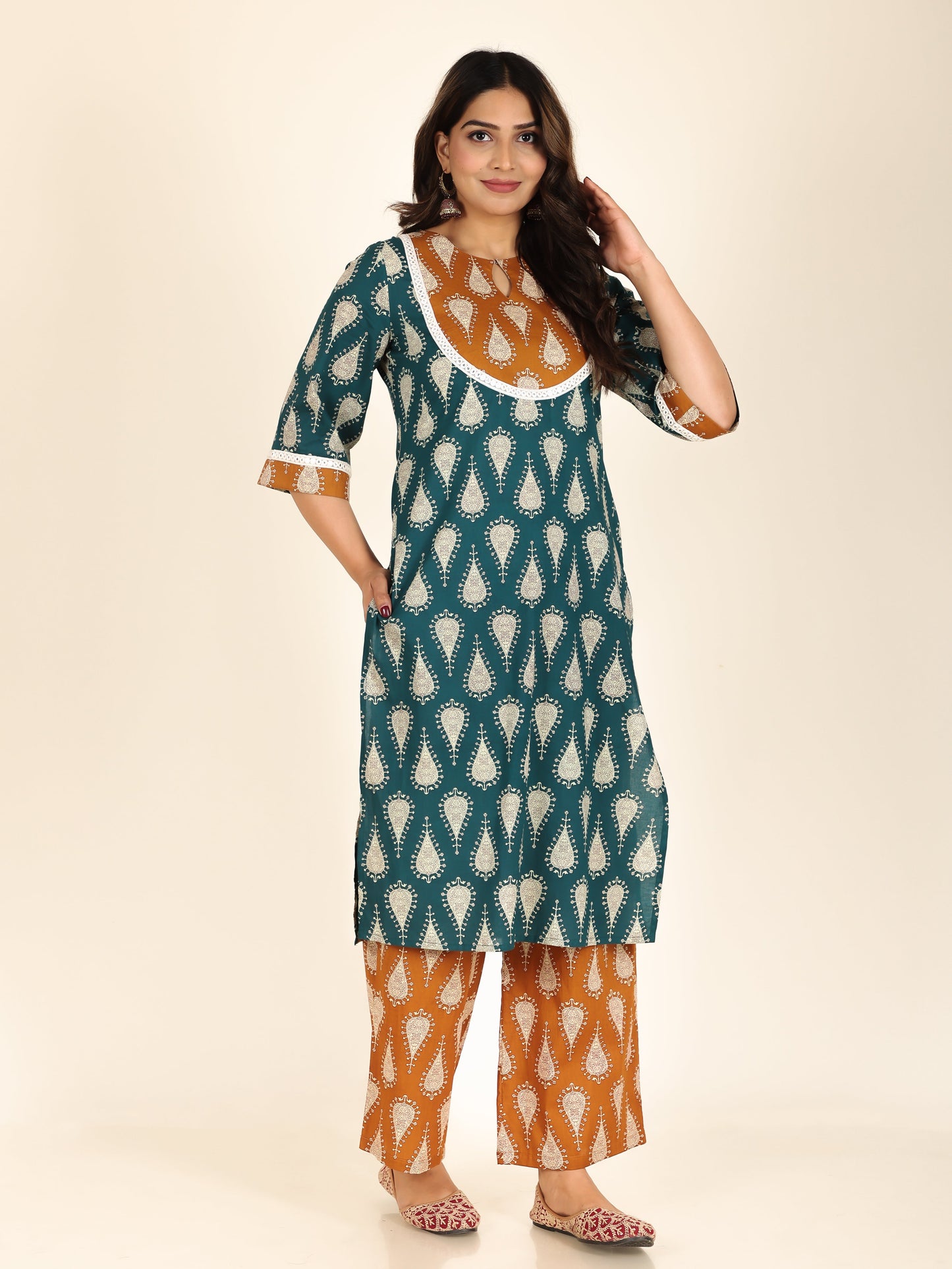 Soft Cotton Floral Straight Turquoise Kurta