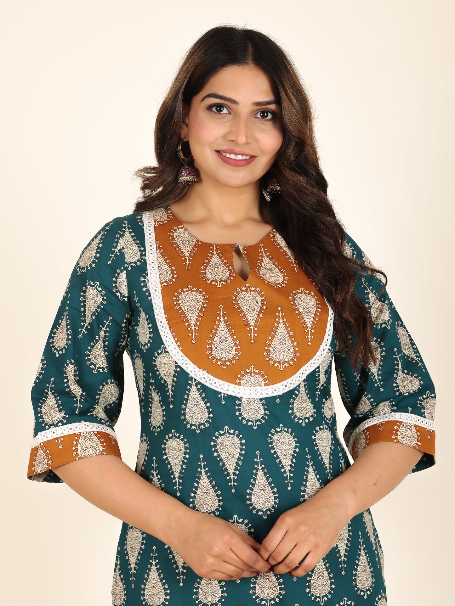 Soft Cotton Floral Straight Turquoise Kurta