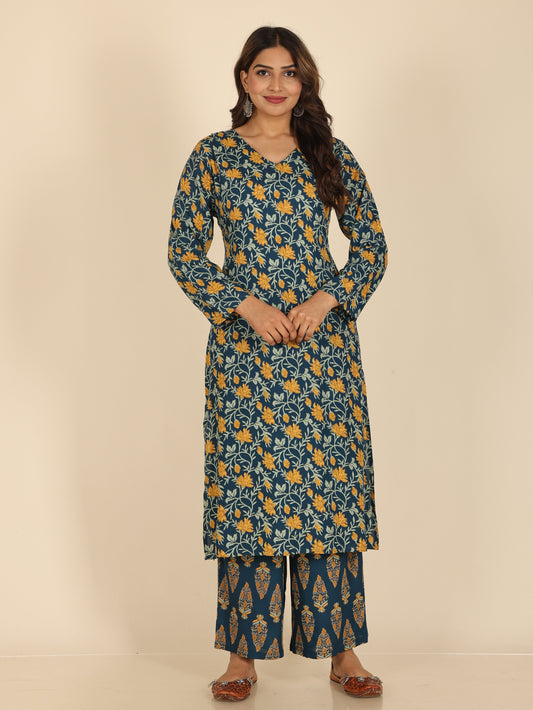 Viscose Floral Straight Blue Kurta