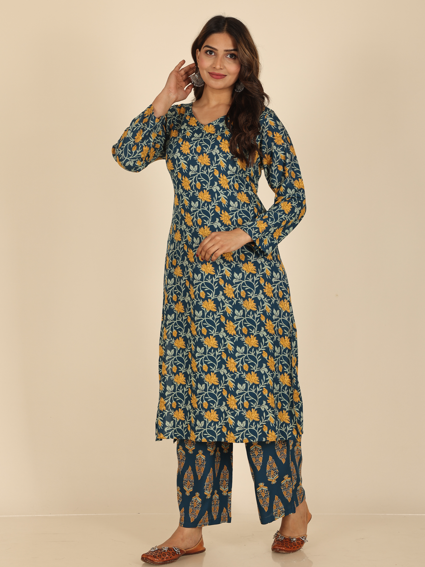 Viscose Floral Straight Blue Kurta