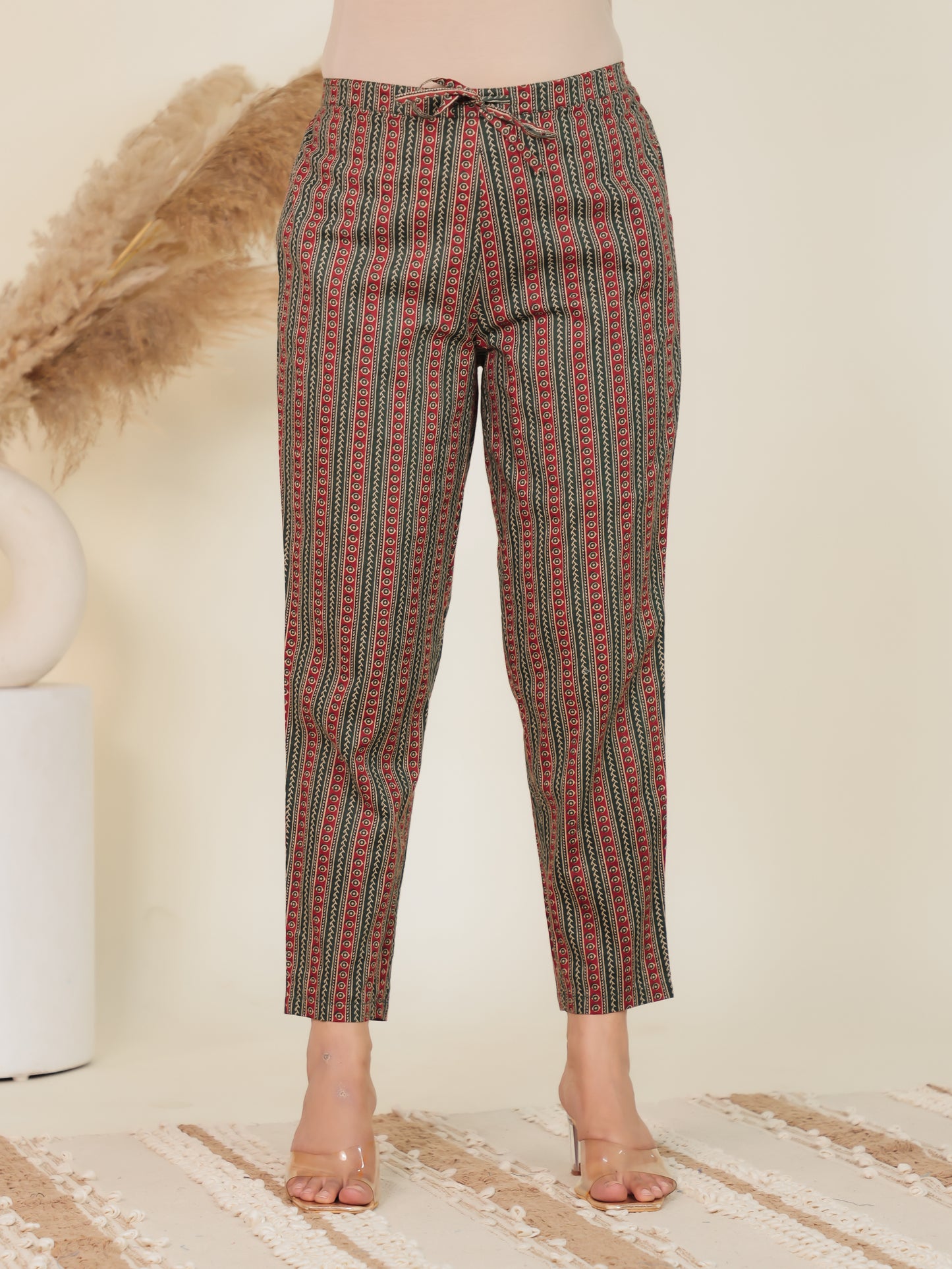 Soft Cotton Striped Green Tapered Trousers