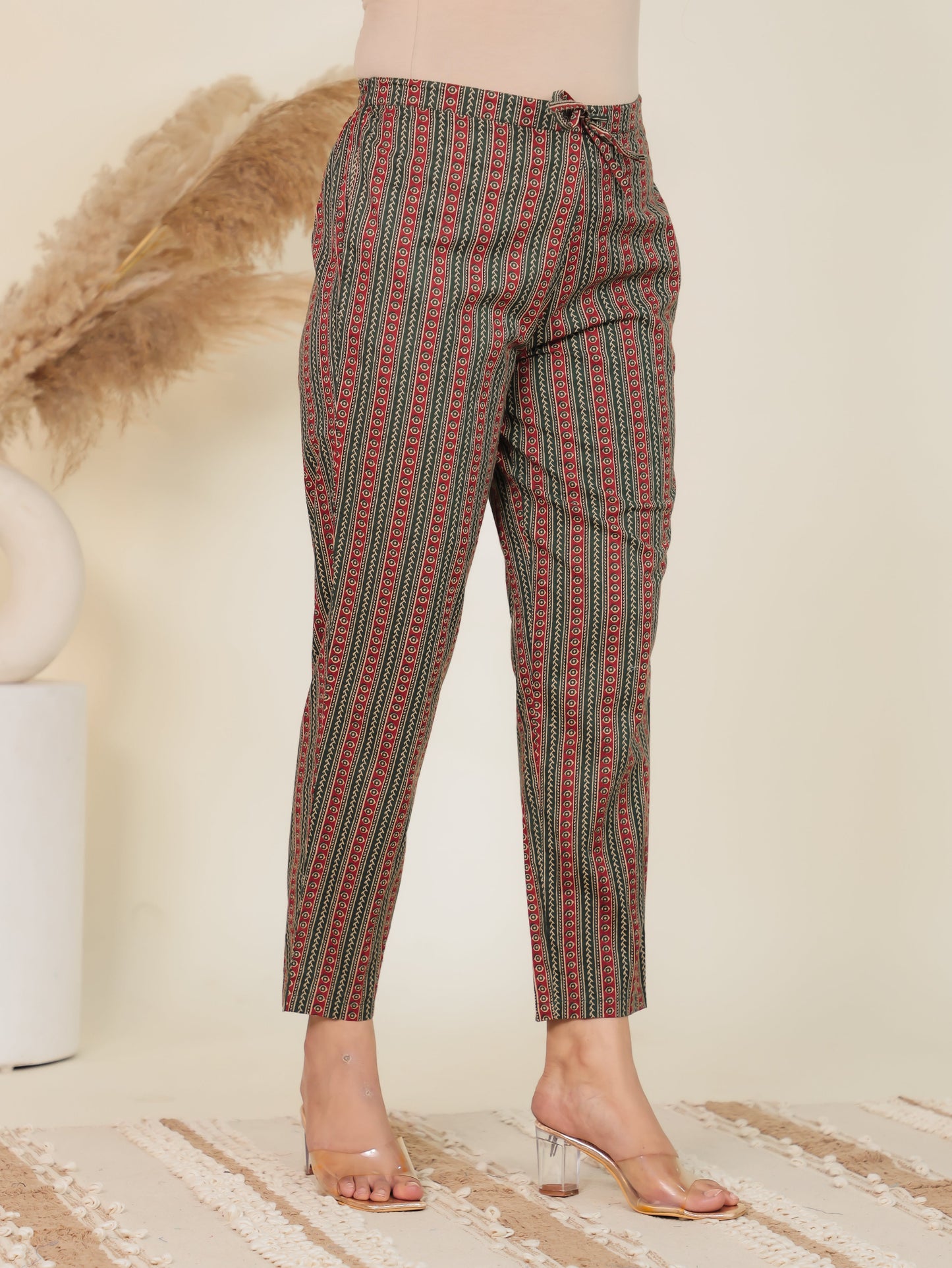 Soft Cotton Striped Green Tapered Trousers