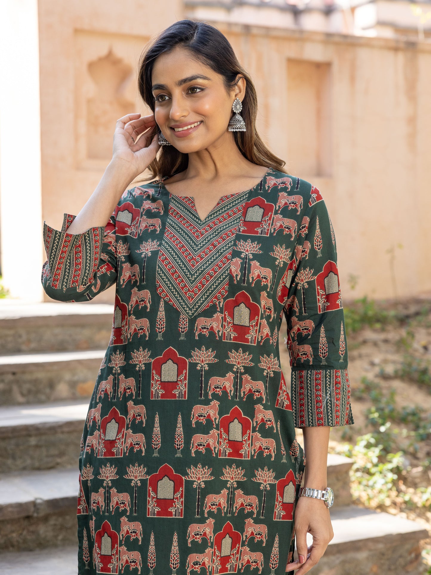 Embroidered Soft Cotton Abstract Straight Dark Green