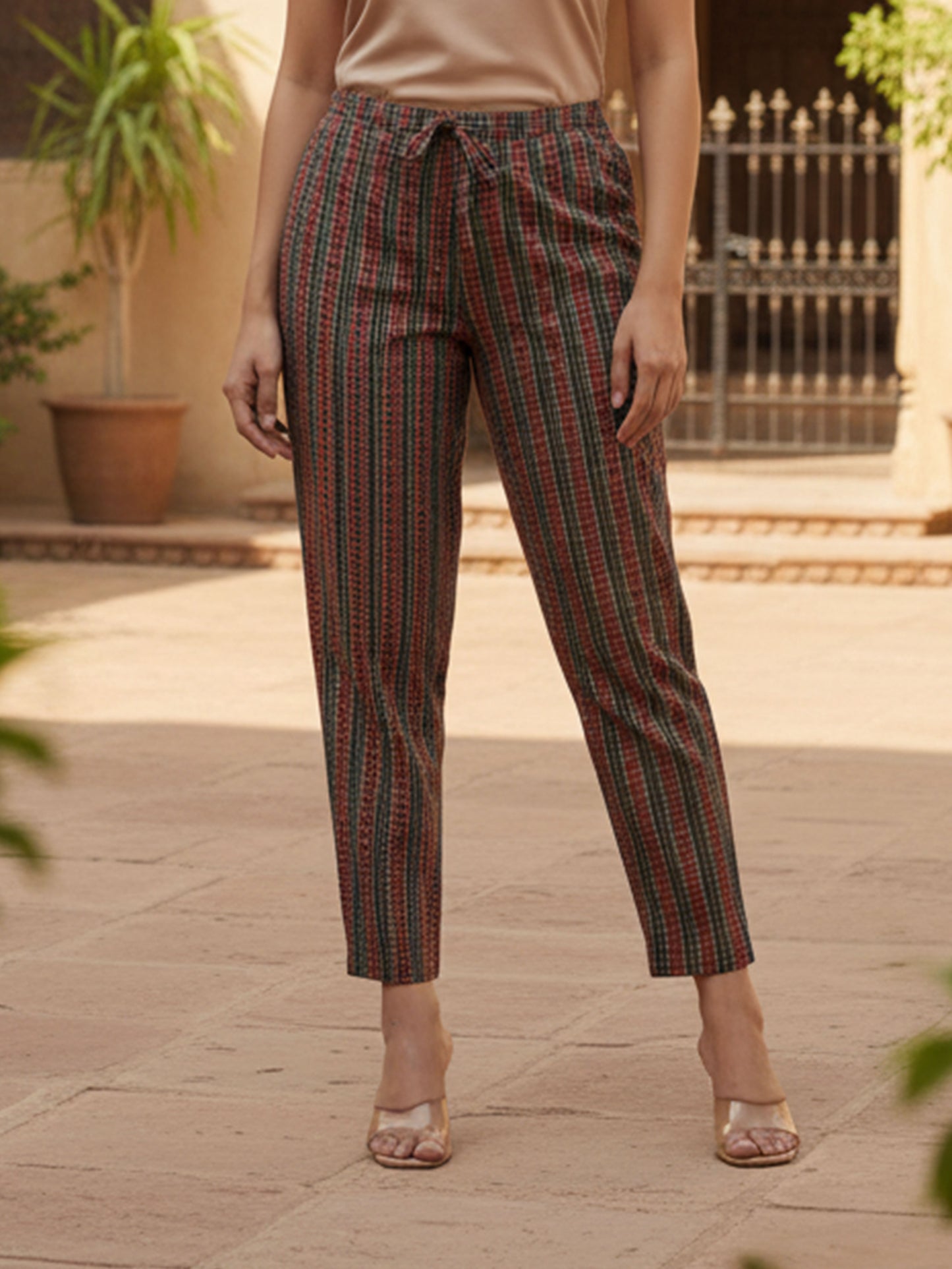 Soft Cotton Striped Green Tapered Trousers