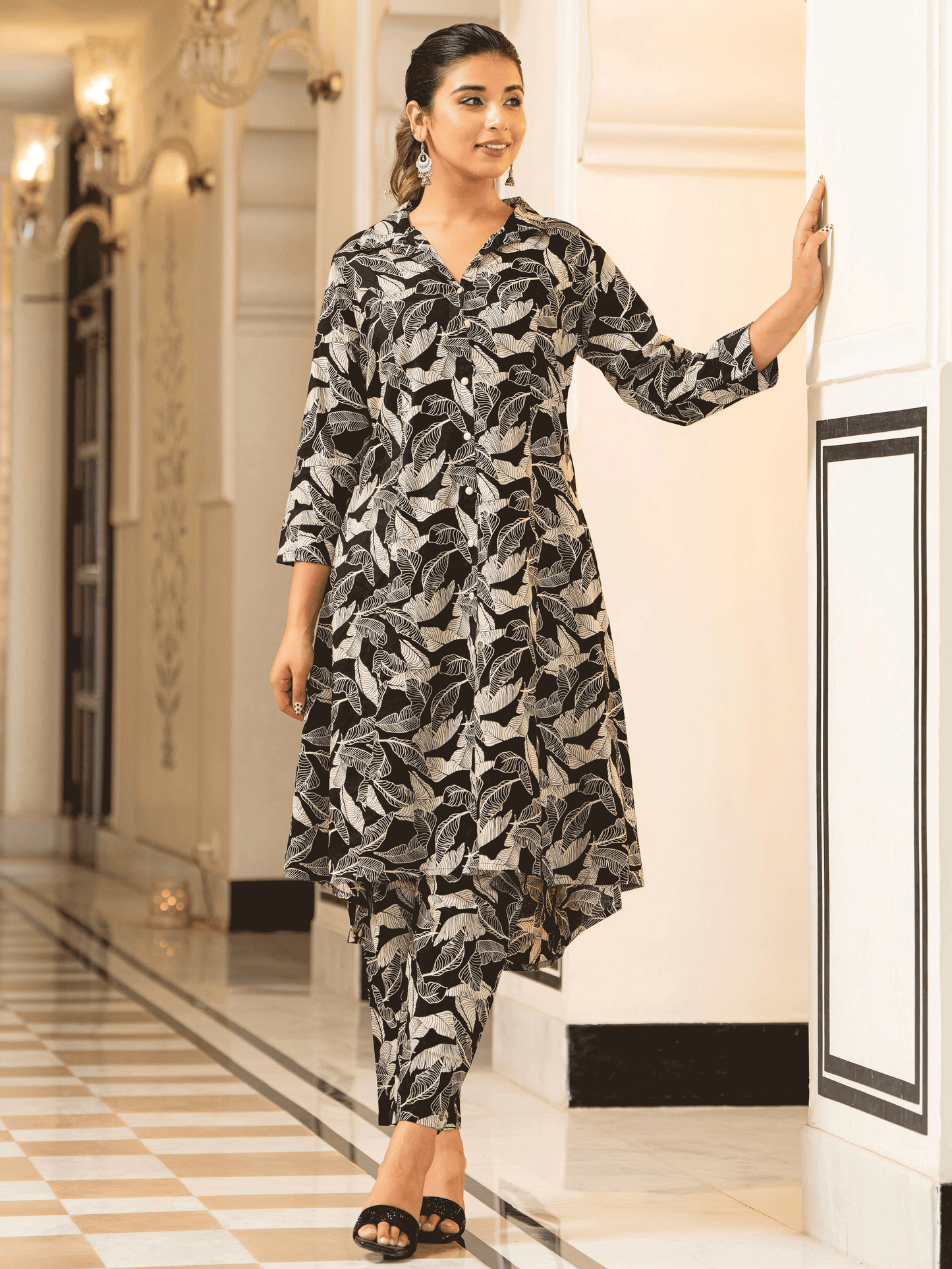 Soft Cotton Foliage High Low Black Kurta